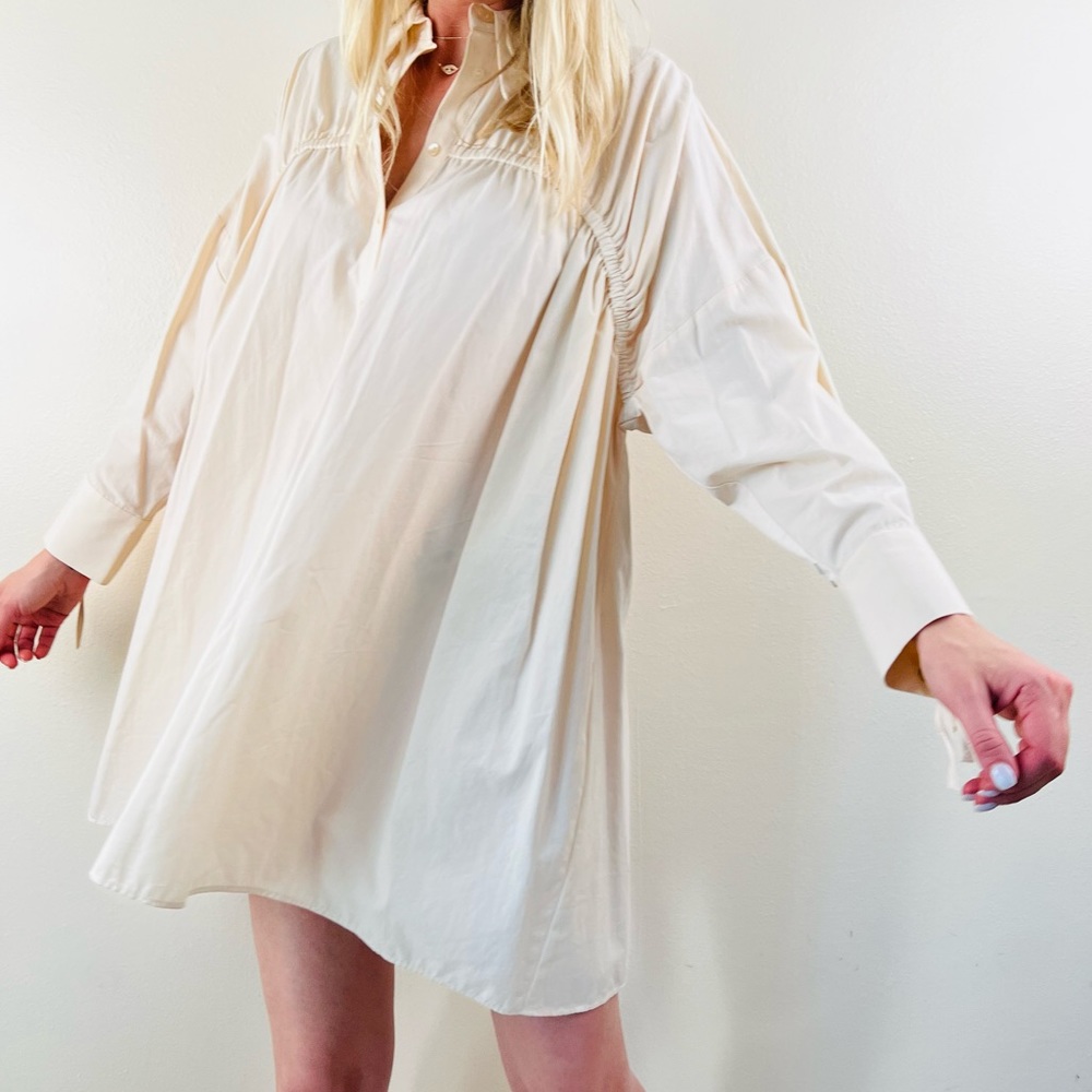 NWT Zara A-line Lapel Collar Long Sleeve Ruched Front Front Bottom Shirt Dress
